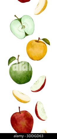 Vertikale Aquarell Apfelrand geschnitten ganze verspielte Orchard Stimmung handbemalte Äpfel in Grün Gelb Rot verstreute Scheiben subtile Blätter weiche Papierstruktur nahtlose Wiederholung ideal, handgezeichnete Aquarelllinie nahtlose Linie. Stockfoto