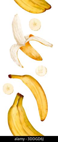 Vertikale Aquarell Bananenrand geschälte geschnittene Minimal Breakfast Ästhetische handbemalte Bananen in ganzen geschälten und geschnittenen Stufen Kreisförmige Scheiben weiche Schatten warme Gelbtöne, handgezeichnete Aquarelllinie nahtlose Linie. Stockfoto