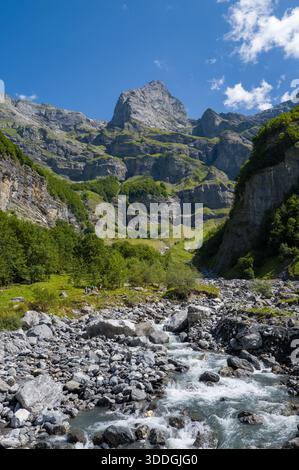 Ein schnell fließender Gebirgsbach stürzt über große Felsen durch eine dramatische Schlucht im Cirque du Fer-a-Cheval, umgeben von steilen Kalksteinklippen und grünen Hängen unter einem leuchtend blauen Himmel. Stockfoto