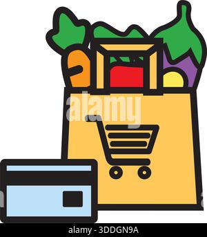 Essen aus dem Supermarkt. Papiertüte mit frischen Lebensmittelprodukten. Konzept des Online-Shops. Vektorabbildung. Stock Vektor