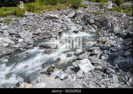 Im Cirque du Fer-a-Cheval schlängelt sich ein schnell fließender Alpenfluss durch ein schroffes Bett aus grauen Steinen und Felsbrocken. Helles Tageslicht unterstreicht die strukturierten Felsen und das lebhafte Wasser in dieser dramatischen Bergkulisse. Stockfoto