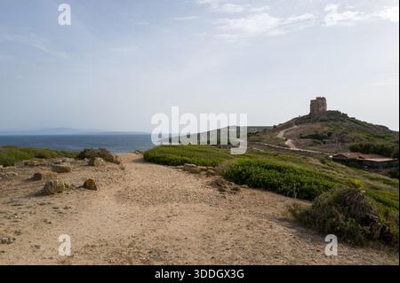 Ein historischer Wachturm aus Stein erhebt sich über grünen Hügeln und verstreuten antiken Ruinen an der archäologischen Stätte Tharros in der Nähe von Cabras, Sardinien. Die zerklüftete Landschaft trifft auf das ruhige Mittelmeer unter einem weichen, trüben Himmel. Stockfoto