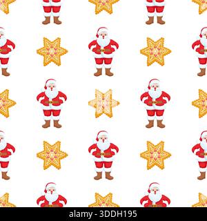 Nahtloses Weihnachtsmuster mit Ganzkörper-Cartoon-Weihnachtsmannfiguren und dekorativen Lebkuchenstern-Schneeflocken-Keksen auf weißem Hintergrund Stock Vektor