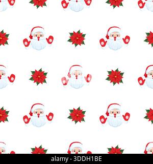 Nahtloses Weihnachtsmuster mit Cartoon Santa Claus Gesichtern mit Fäustlingen und roten Weihnachtsstern auf weißem Hintergrund. Festlicher Neujahrswinter Stock Vektor