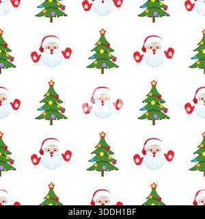 Süßes nahtloses Weihnachtsmuster mit Weihnachtsmann-Gesichtern und verzierten Weihnachtsbäumen. Festlicher Feiertagshintergrund für Geschenkpapier. Editierbarer Vektor Stock Vektor