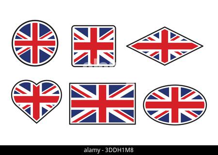 Sechs verschiedene Flaggendesigns des Vereinigten Königreichs, die den ikonischen Union Jack in verschiedenen geometrischen und symbolischen Formen zeigen Stock Vektor
