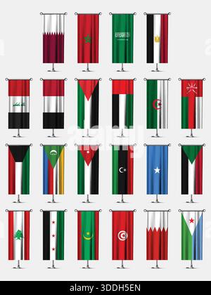 Arabische Weltsammlung mit welligen Flaggen, Set mit allen Landesflaggen des Nahen Ostens und Nordafrikas Stock Vektor