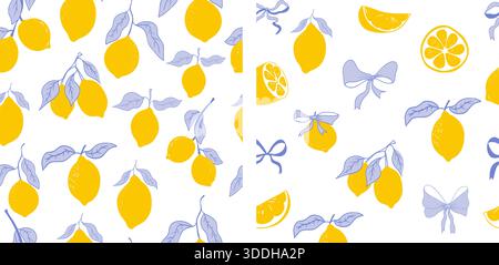 Niedliches Zitronenmuster mit Kokettmuster, Schleife, Streifen. Floral Spalis citrus bg, Hintergrund. Zitrone mit Blättern, Zitronenscheibe, Teil. Vektorabbildung Stock Vektor