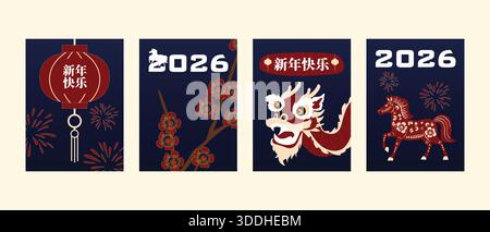 Set aus festlichen chinesischen Neujahrsbanner 2026 und Grußkarten mit traditionellen chinesischen Dekorationen und festlichen Elementen Stock Vektor