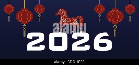 Chinesisches Mondneujahr 2026 Webbanner mit rotem Pferd Illustration im traditionellen chinesischen Stil, festliches orientalisches Design mit dekorativen Elementen auf einem Stock Vektor