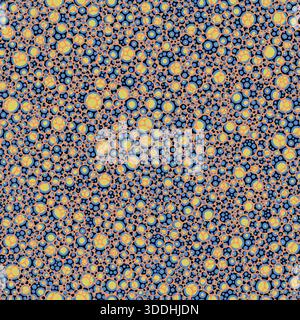 Lebendiges Mosaikmuster aus kreisförmigen Motiven mit floralen und sternenähnlichen Motiven in Blau, Gelb und Orange. Satte Textur mit Symmetrie und Tiefe. Toll für Stockfoto