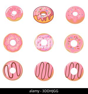 Eine Kollektion von 9 süßen rosa Donuts mit bunten Streuseln und Schokoladenüberzügen. Perfekt für Bäckereimenüs, Geburtstagskarten, Muster und Essensthemen Stock Vektor