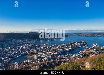 Großer Panoramablick über Bergen, Norwegen, mit dem Hafen, dem Stadtzentrum am Wasser und dem Fjord unter einem klaren blauen Himmel. Helle, klare Reiseszene am Tag. Stockfoto