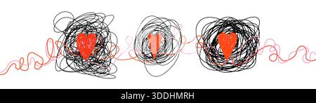 Rote Kritzelvektorherzen in schwarzen verwickelten Kugeln, kurvigen und welligen schwarzen wirbelnden Linien, minimalem Banner oder Grußkartendesign Stock Vektor