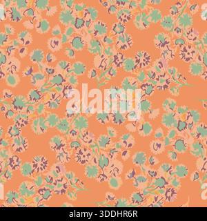 Nahtloses Blumenmuster mit stilisierten Blumen und Blättern in Grün, Rosa, Lila auf orangem Hintergrund. Lebendige Komposition, ideal für Textilien und Tapeten Stockfoto