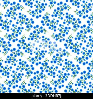 Nahtloses Blumenmuster mit blauen Kornblumen wie Blüten, grüne Stiele auf weißem Hintergrund. Das symmetrische Layout sorgt für eine frische, elegante Textur für Stockfoto