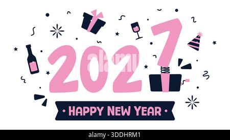 Frohe Neujahrsgrüße 2027 auf weißem horizontalen Hintergrund mit Feiertagselementen, die sich für Feiertagsveranstaltungen, Promos und festliche Designs eignen. Stock Vektor