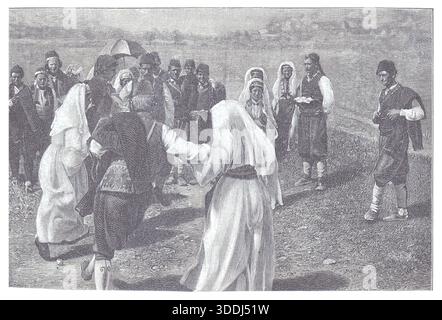 Traditioneller Slawischer Volkstanz-Kreis Mit Frauen In Weißen Kleidern Und Herren In Traditioneller Kleidung Stockfoto