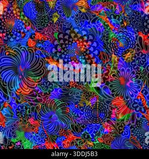 Blumenmuster mit wirbelnden, mehrfarbigen Blüten auf dunklem Hintergrund. Helle Blütenblätter und mehrschichtige Formen schaffen psychedelische Textur für Textilien und Tapeten Stockfoto