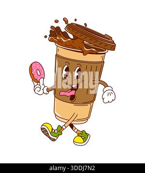 Cartoon groovige Kaffeetasse Figur mit Donut Stock Vektor