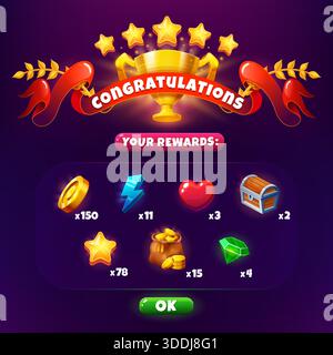 Popup-Fenster für den Sieg des Spiels, Banner, Preistafel Stock Vektor