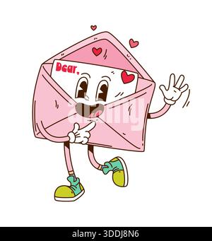 Rosafarbener Retro-Cartoon-Umschlag zum valentinstag Stock Vektor