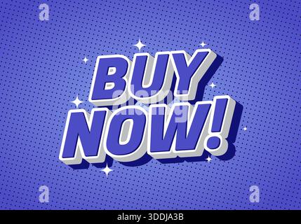 Eine lebendige Grafik mit dem Text JETZT KAUFEN! In auffälligem 3D-Stil auf violettem Hintergrund mit Glitzern Stock Vektor