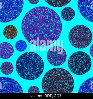 Abstraktes Muster mit strukturierten blauen, roten, lila Kreisen auf cyanfarbenem Hintergrund. Wirbelnde Oberflächen und ein zufälliges Layout schaffen lebendige, energiegeladene Texturen für Stockfoto