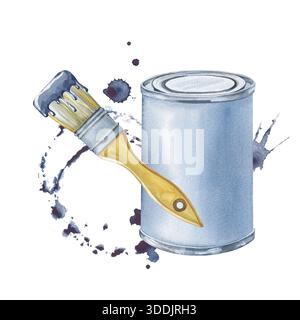Eine Komposition mit einer Dose Farbe und einem Pinsel auf dem Hintergrund eines blauen Farbflecks. Aquarellabbildung von Bauwerkzeugen und -Materialien für Stockfoto