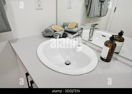 Waschbecken im Bad mit einer Flasche Seife und einer Flasche Lotion auf der Theke. Es gibt zwei Handtücher auf der Theke Stockfoto