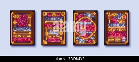 Ein lebendiges Set von neonfarbenen Postern zum chinesischen Neujahr mit leuchtenden Symbolen und festlichen Details. Helle Designs sorgen für eine energiegeladene, feierliche Stimmung Stock Vektor