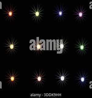 Die Kollektion mit leuchtenden Starburst- und Objektiv-Lichteffekten bietet vielfältige bunte Leuchten für digitale Kunst, Grafikdesign und brillante Beleuchtung Stock Vektor