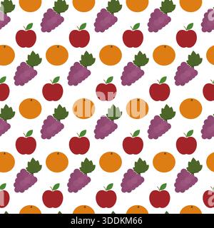 Trauben Orangenfrucht und Roter Apfel nahtlose Muster Früchte minimalistischer flacher Design Hintergrund. Isolierte Vektor-Illustration Rezept oder Menükarte Hintergrund Druckmaterial Banner, Faltblatt, Preisschild Stock Vektor