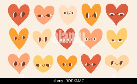 Niedliches Set handgezeichneter Herzen mit verspielten Gesichtern in warmen gedeckten Farben. Einfache Figuren im Doodle-Stil, perfekt für Valentinstag-Designs, Kinderdekor Stock Vektor