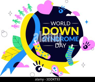 Welt-Down-Syndrom-Tag-Vektor-Illustration 21. März Mit Blauem Gelbem Band Erde Karte Ungepaarte Socken Kinder Flache Zeichentrick-Hintergrund Stock Vektor