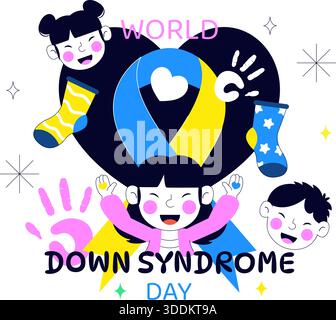Welt-Down-Syndrom-Tag-Vektor-Illustration 21. März Mit Blauem Gelbem Band Erde Karte Ungepaarte Socken Kinder Flache Zeichentrick-Hintergrund Stock Vektor