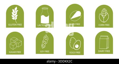 Stellen Sie allergenfreie Zutaten ein. Warnsymbole für glutenfreie Produkte. Lactose, Gluten, Zucker, Mais, Ei, Transfett, Soja, Nusssymbol, Diätkost-Abzeichen. Minimales organisches Design. Unterschrift oder Stempel. Vektorabbildung Stock Vektor