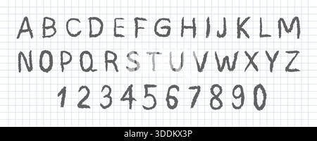 Englisches Alphabet. Kindliche Buntstift-Schriftart. Flippige Kreidestruktur für verspielte Designs oder für den Unterricht in Schule und Kindergarten. Vektorabbildung Stock Vektor