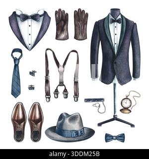 Ein Set mit Herrenaccessoires. Handgezeichnete Aquarellbilder. Herrenmode im Vintage-Stil. Für Postkarten, Banner, Männertag, Vatertag Stockfoto