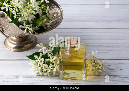 Ätherisches Jasminöl in einer Glasflasche Stockfoto