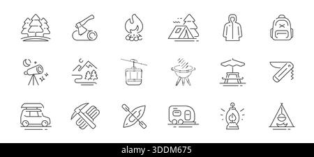 Camping- und Wanderkonzept. Outdoor-Aktivitäten Set mit Symbolen im Linienstil. Linear Symbols für das Sommercamp Stock Vektor