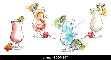 Blue Lagoon, Tequila Sunrise, Pina Colada, Erdbeere Daiquiri Set. Aquarellspritzer mit Tintenstreifen, Hurrikangläser, die für Spa-Getränkekarten handgezeichnet sind Stockfoto