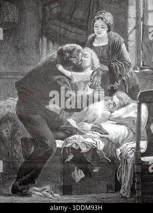 Ein Bergmann verabschiedet sich von seiner Familie vor er zur Arbeit geht, 1880, Deutschland, historisch, authentisch, Digital Restaurierte Reproduk Stockfoto