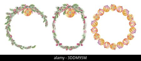 Set aus Weihnachtskranz mit gelben Glaskugeln und Eibenzweig in Kreis- und Ovalform. Rosa und Grün handgemalte Aquarelle sorgen für Winterstimmung. Ideal für festliche Rahmenschablonen und Kartendesigns. Stockfoto