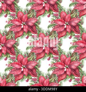 Rotes Weihnachtsstern nahtloses Muster in Hand gemalte Aquarellblume auf weißem Hintergrund. Helle, florale Winterstimmung für traditionelles Textil- und Wickelpapier. Perfekt für Urlaubtapeten. Stockfoto