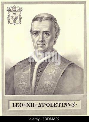 Leo XII. (* 22. August 1760 in Genga Castle bei Fabriano in den Marken, gestorben am 10. Februar 1829 in Rom) war von 1823 bis 1829 der 252. Papst der römisch-katholischen Kirche. Historische, authentische, digital restaurierte Reproduktion eines Originals aus dem 19. Jahrhundert. Das Datensatzdatum wurde nicht angegeben. Stockfoto