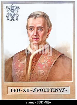 Leo XII. (* 22. August 1760 in Genga Castle bei Fabriano in den Marken, gestorben am 10. Februar 1829 in Rom) war von 1823 bis 1829 der 252. Papst der römisch-katholischen Kirche. Historische, authentische, digital restaurierte Reproduktion eines Originals aus dem 19. Jahrhundert. Das Datensatzdatum wurde nicht angegeben. Stockfoto