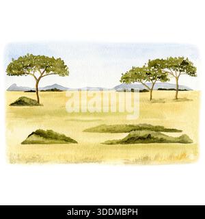 Afrikanische Safarilandschaft mit Akazienbäumen und fernen Hügeln. Handgemalte Savannenlandschaft Stockfoto