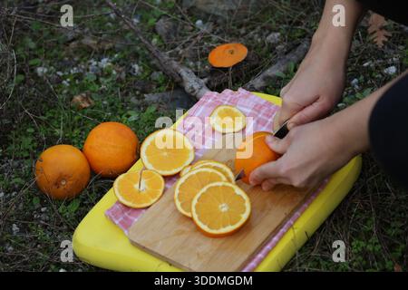 Weihnachtsbaumdekoration im Freien, orangefarbenes Dekor Stockfoto