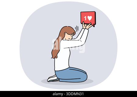Die Bloggerin hält sich wie eine Ikone, kniend und träumt davon, viel Feedback von Abonnenten in sozialen Netzwerken zu erhalten. Mädchen Blogger, die digitale sucht leiden, brauchen ständige Zustimmung Follower Stock Vektor